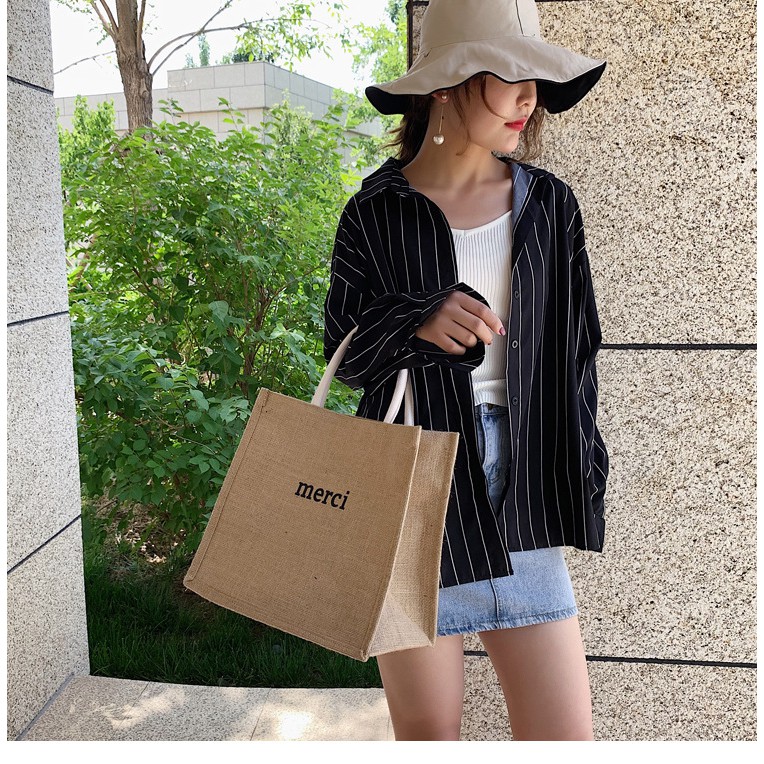 Túi cói Merci loại 1 màu sáng, có lót túi, có ảnh thật