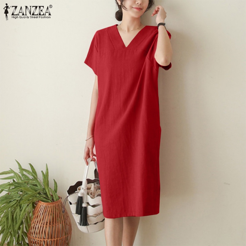 Đầm midi Zanzea tay ngắn cổ chữ v màu trơn phong cách vintage thời trang cho nữ