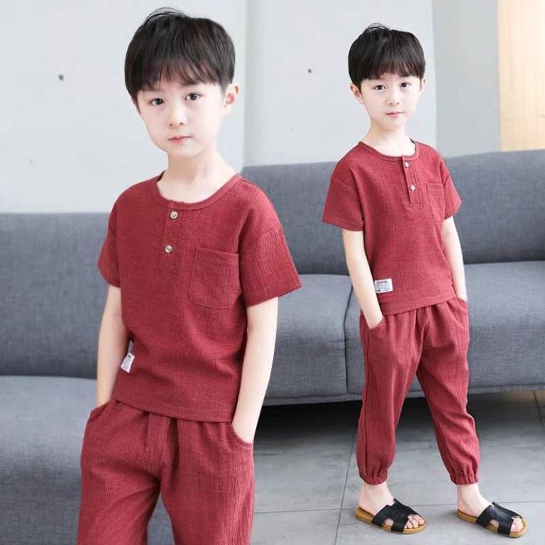 Set Đồ Bộ Cotton Ngắn Tay Phong Cách Trung Hoa Dành Cho Bé Trai hàng quảng châu