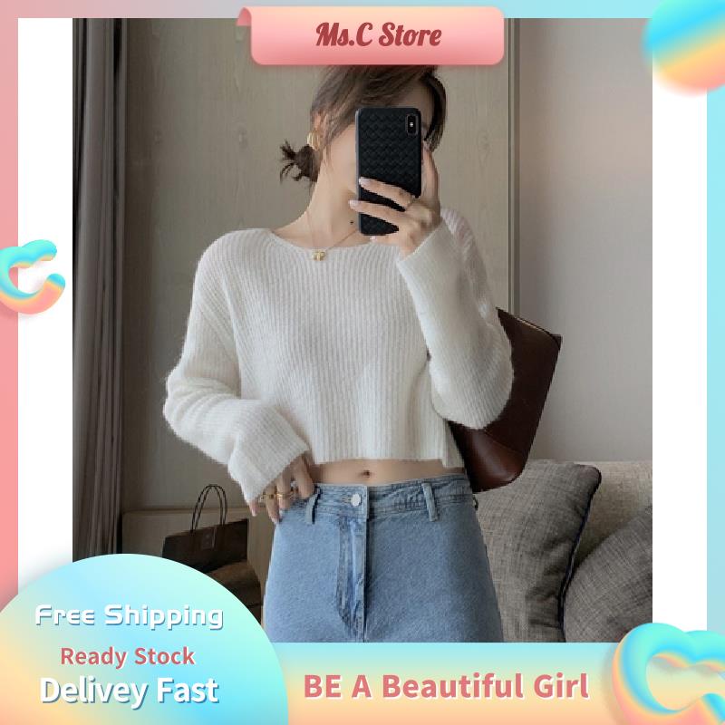 Ms.C💘 Áo Sweater Croptop Tay Dài Dáng Rộng Thời Trang Hàn Quốc Cho Nữ
