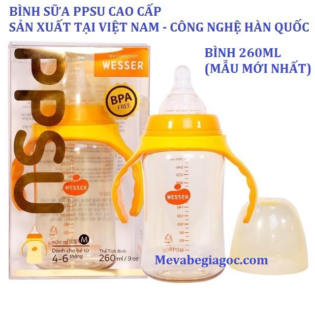 (MẪU MỚI) Bình Sữa Cổ Rộng cao cấp PPSU 260ML - WESSER (Made in Vietnam) (Công nghệ Hàn Quốc)