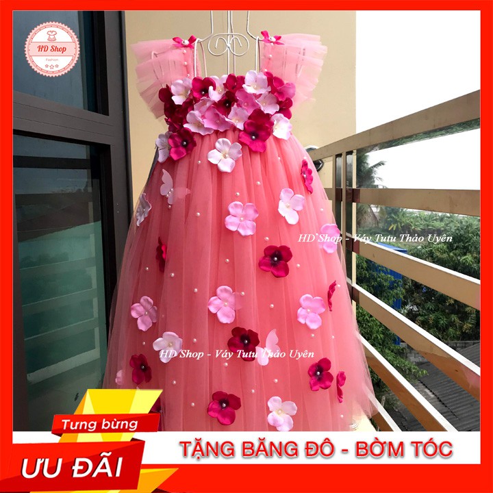 Váy cánh tiên ❤️FREESHIP❤️ Váy cánh tiên hồng cam đính hoa tú cầu cho bé gái 0 đến 6 tuổi