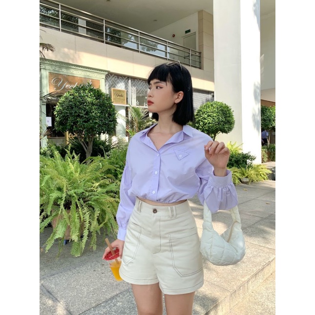 Quần short phối chỉ khác màu 2 túi trước thời trang GAGO màu kem GO3809