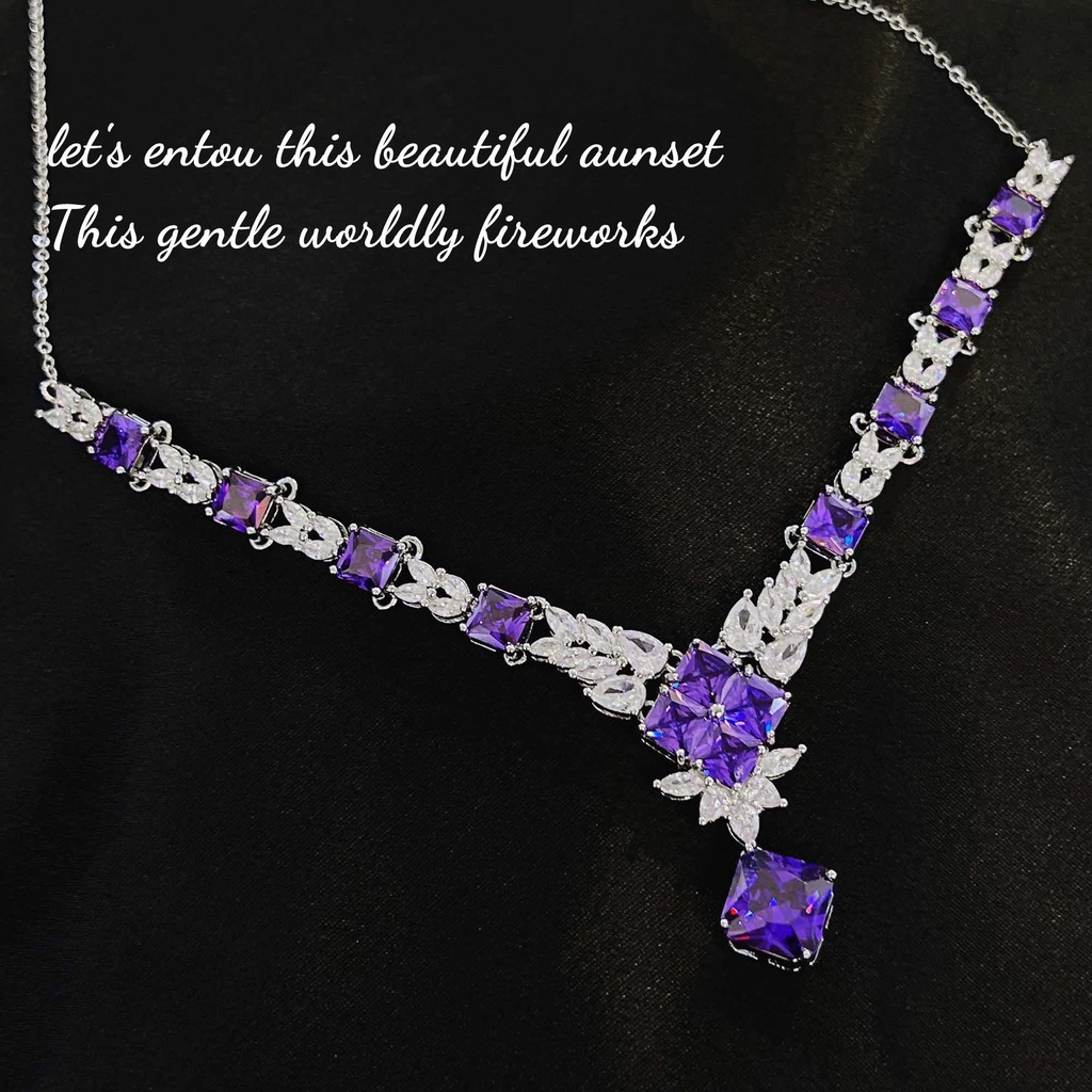 Bộ Vòng cổ + Bông Tai Đính Kim Cương Tím Hình Vuông Dạng Hở-JHS2-S