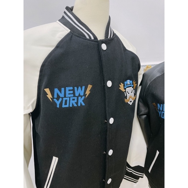 ÁO KHOÁC MLBNY BOMBER VARSITY MARIO TRẮNG ĐEN - KHOÁC NỈ UNISEX NAM NỮ - HÀNG CÓ SẴN