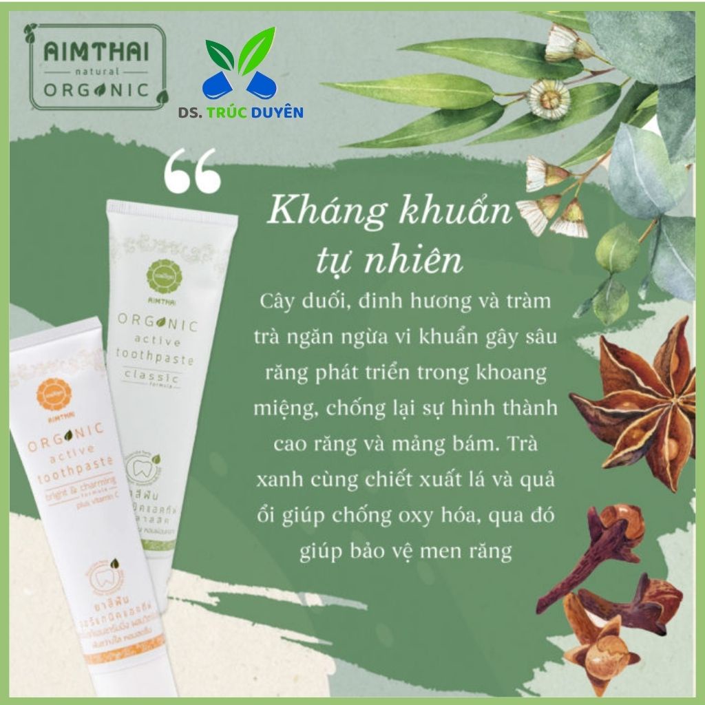 Kem đánh răng Organic AimThai 100g giúp răng trắng sáng, giảm hôi miệng, nhiệt miệng