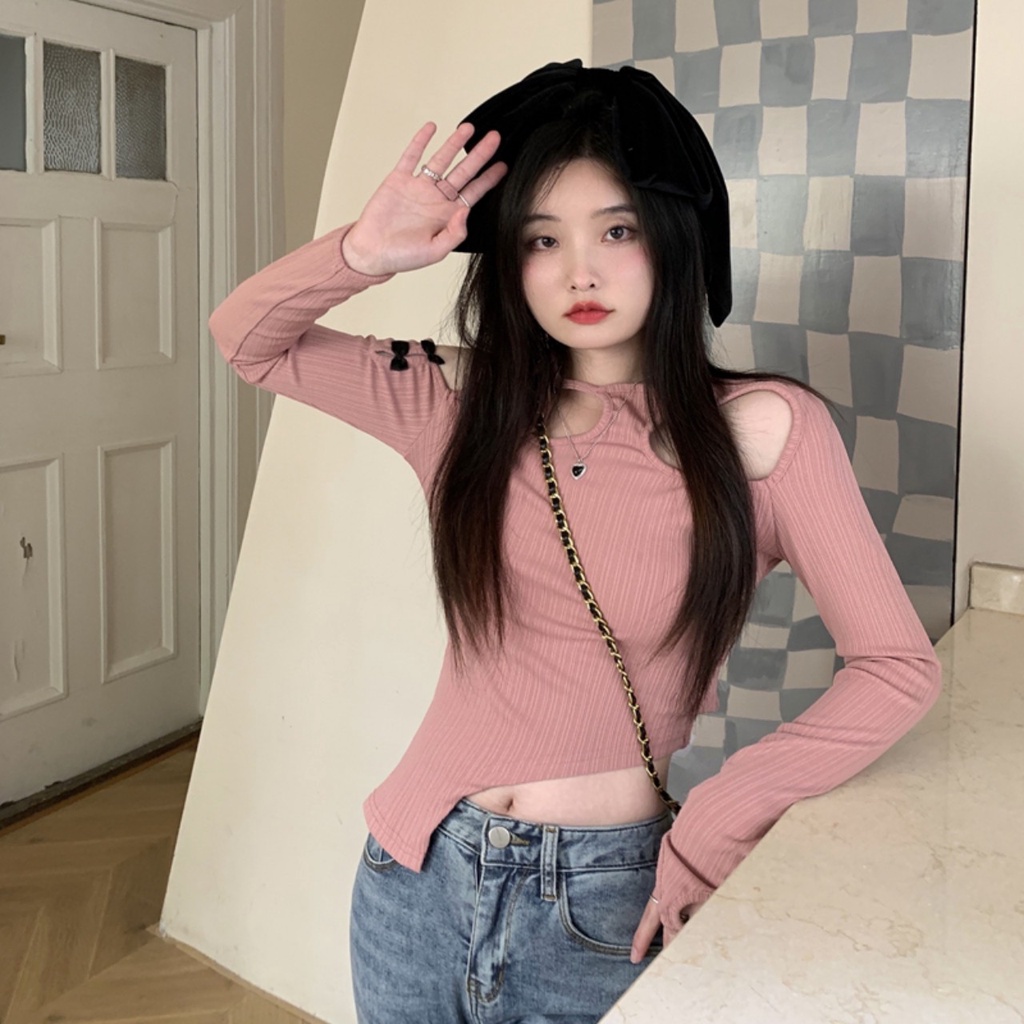 Áo croptop nữ xỏ ngón HAGA áo thun vạt lệch hở vai AHVVL59