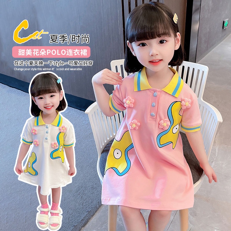 Đầm Polo Ngắn Tay Họa Tiết Hoạt Hình Thời Trang Mùa Hè Hàn Quốc Cho Bé Gái