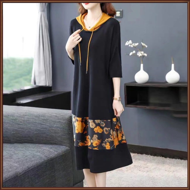 Đầm Hoodie Tay 3/4 Dáng Rộng In Họa Tiết Hoa Màu Tương Phản Thời Trang Cho Nữ
