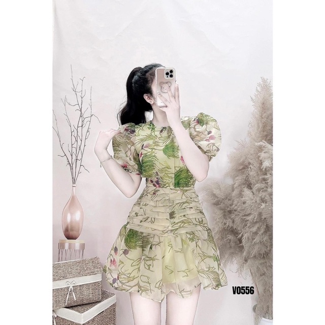 váy voan Hoa tơ hàng Tk đẹp 2 lớp tay bồng ly eo xếp ly xoè ngắn sexy sang chảnh tiểu thư