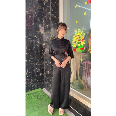 thời trang nữ , đồ lam đi chùa, cổ tàu lụa thêu hoa cột eo