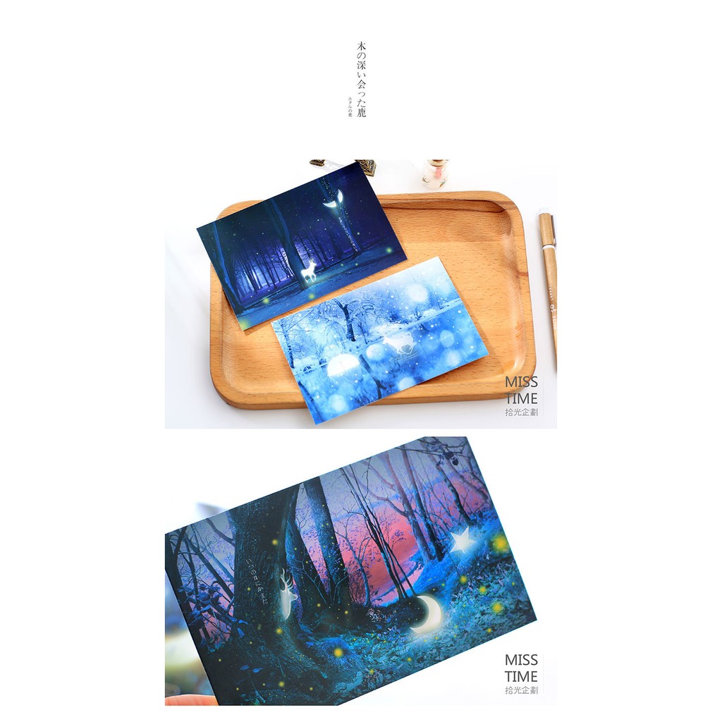 Postcard dạ quang huơu trong rừng hộp ảnh in hình quà tặng trang trí