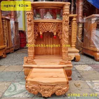 Bàn thờ thần tài ông địa gỗ xoan ngang 42 cm quỳ trụ điện tử mẫu mới rất đẹp