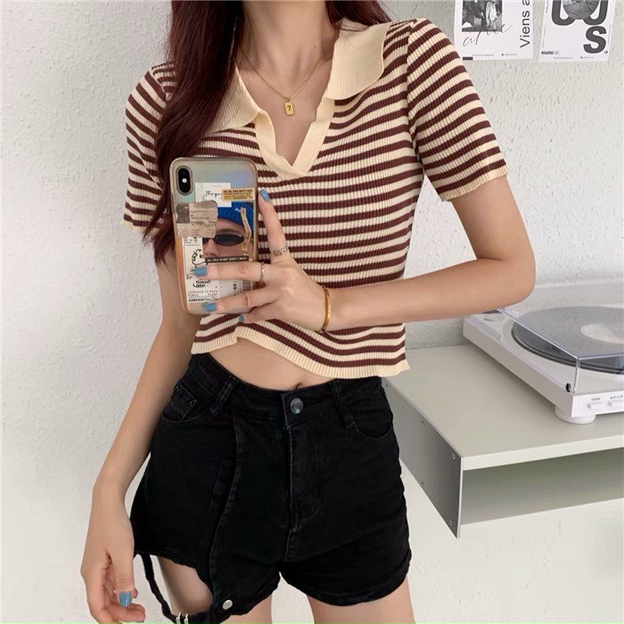 Áo polo dệt kim croptop nữ kiểu kẻ ngang cổ bẻ tay ngắn - Áo thun len nữ ngắn dáng ôm hàng Quảng Châu cao cấp