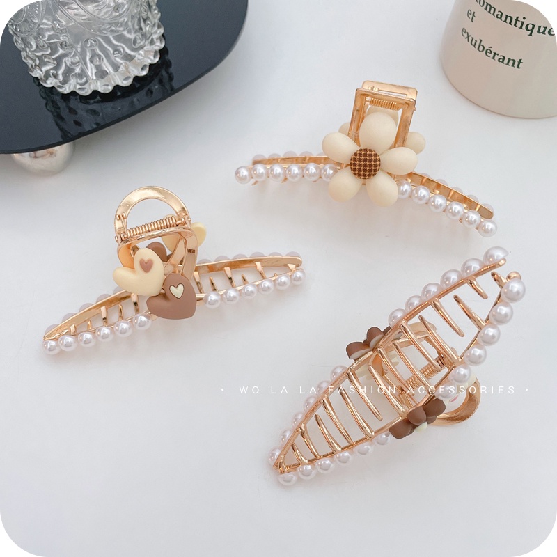 Kẹp tóc kim loại hình hoa đính ngọc trai giả thời trang cho nữ