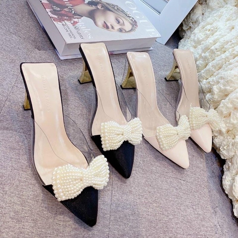 Giày sục gót màu vàng xinh  xắn bản nơ hột châu cao 7cm da mờ quai Mika hót.