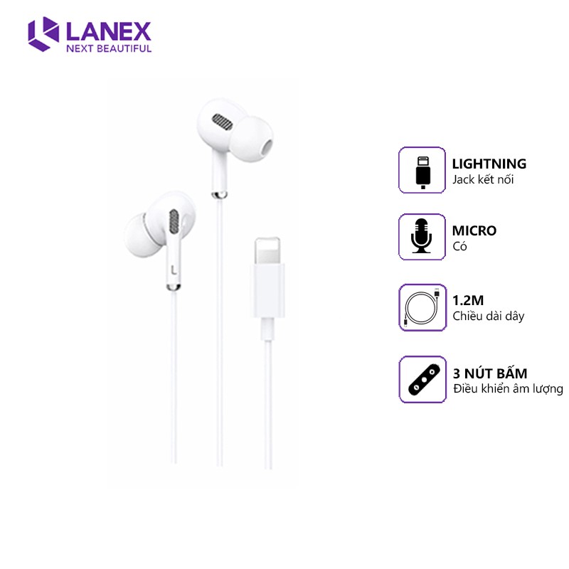 Tai nghe dây LANEX LEP - L12 jack Lightning, dài 1.2m, tương thích nhiều thiết bị Apple