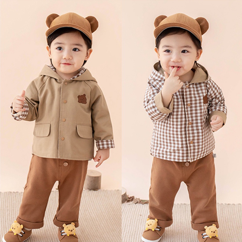 Áo Khoác Gió Hai Mặt Có Nón Họa Tiết Hoạt Hình Phong Cách Hàn Quốc Cho Bé Trai