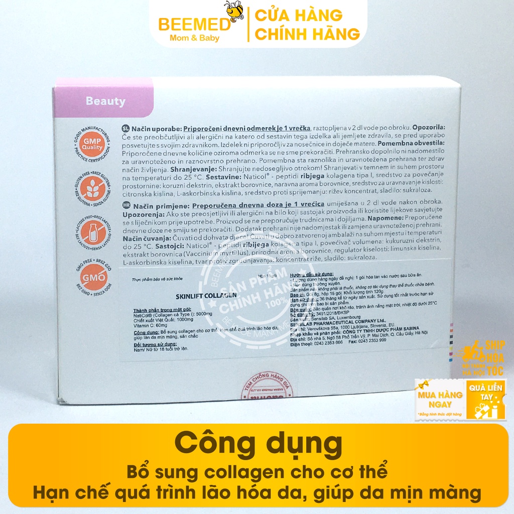 Hỗ trợ đẹp da, chống não hóa SkinLift Collagen hộp 15 gói Xóa tuổi thật nhờ tuổi da - từ Collagen, quả việt quất, vtm C