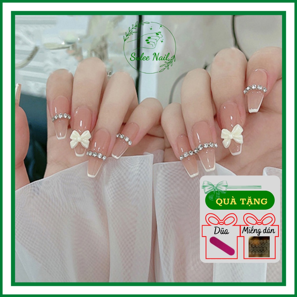 Bộ Nail box thiết kế, dòng móng tay giả với đính charm nơ kèm đá sang choảnh đẹp Suleenail kiểu thang
