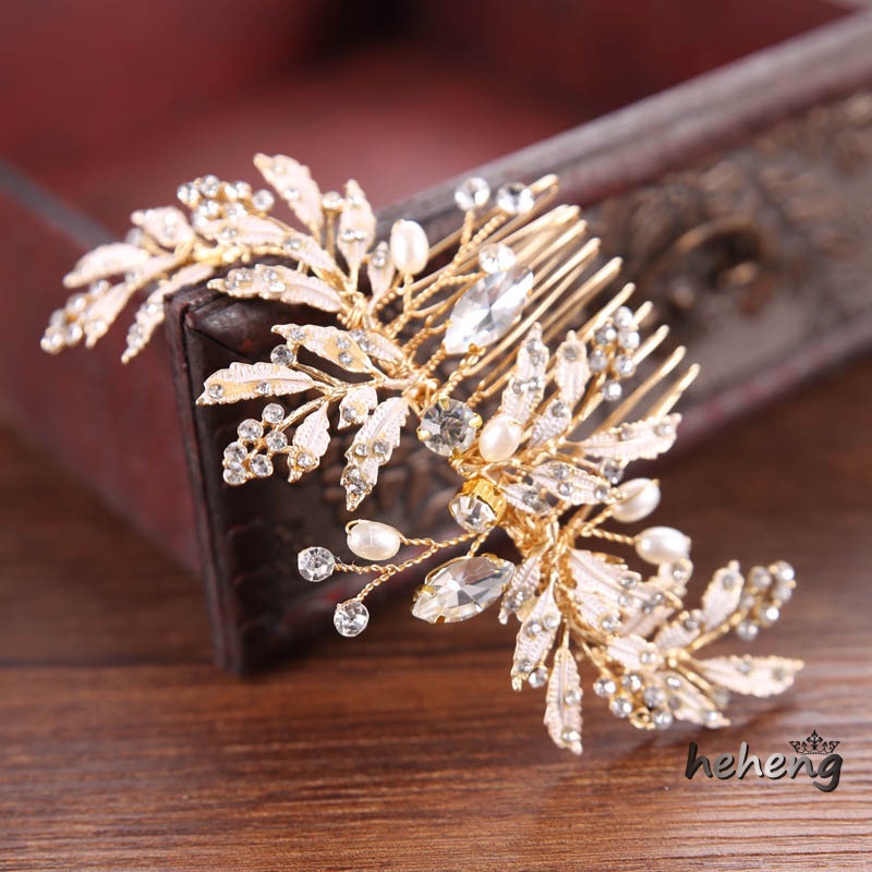 Trâm Cài Tóc Hợp Kim Hình Lá Đính Đá Pha Lê Vàng Handmade Cho Cô Dâu