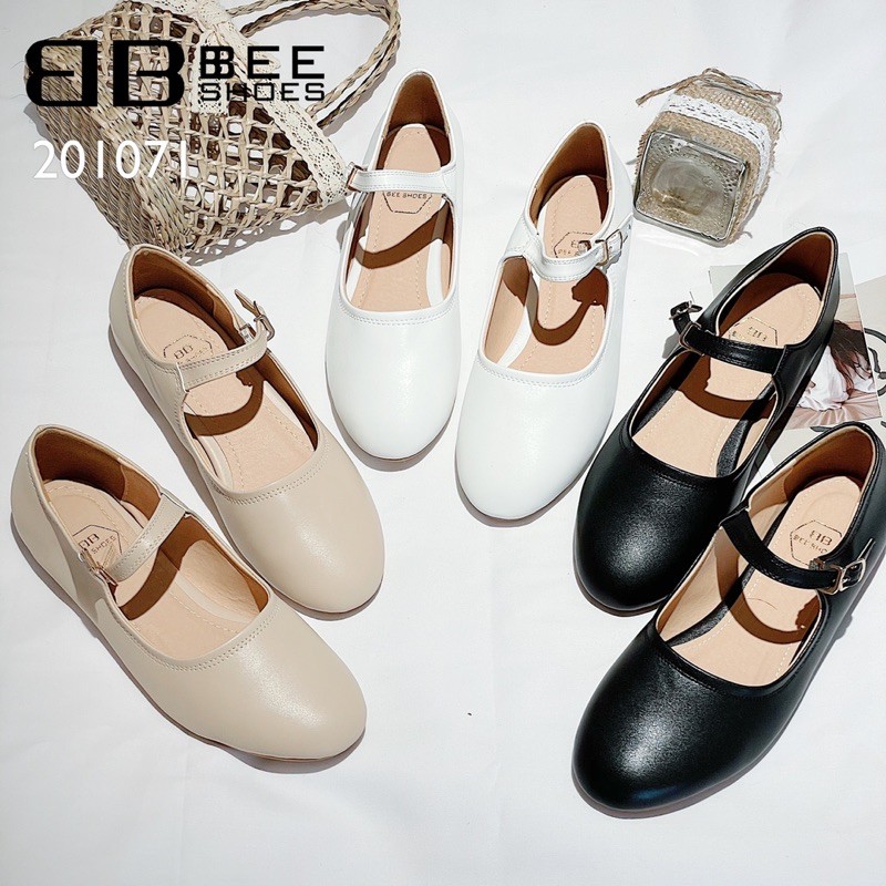 BEESHOES - GIÀY BÚP BÊ NỮ MŨI TRÒN QUAI NGANG DA MỀM - GIÀY BÚP BÊ NỮ ĐẾ BỆT SẴN MÀU ĐEN - BE - TRẮNG 201071