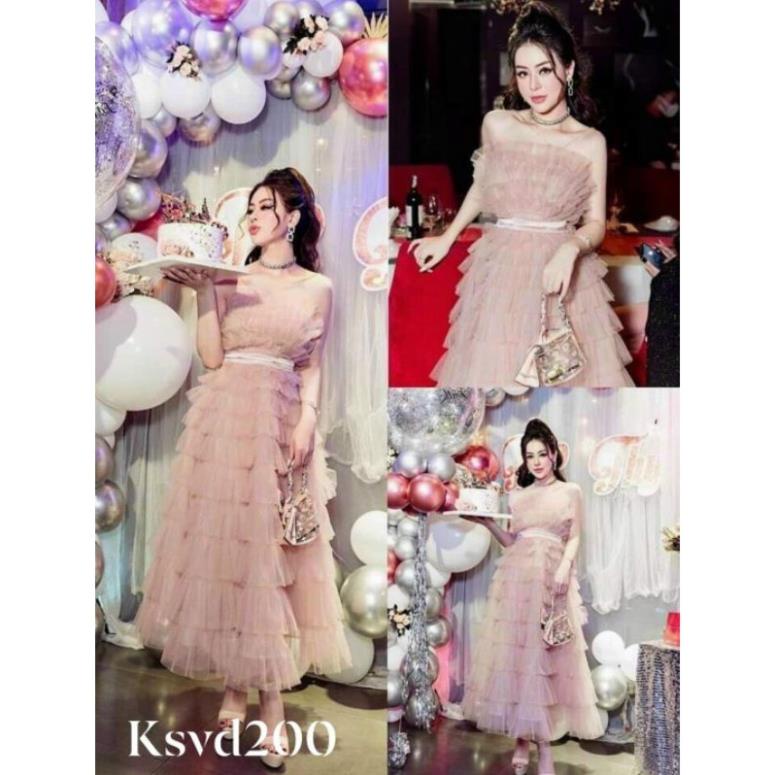Đầm maxi lưới tầng xòe 2 dây cột nơ eo HÀNG THIẾT KẾ