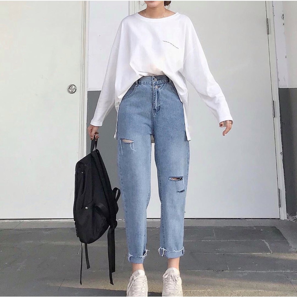 Quần Baggy Jean Nữ 3 Rách Kèm Lưng Thun Sau, Chất Bò Màu Xanh ULZZANG Cực Chất - 511