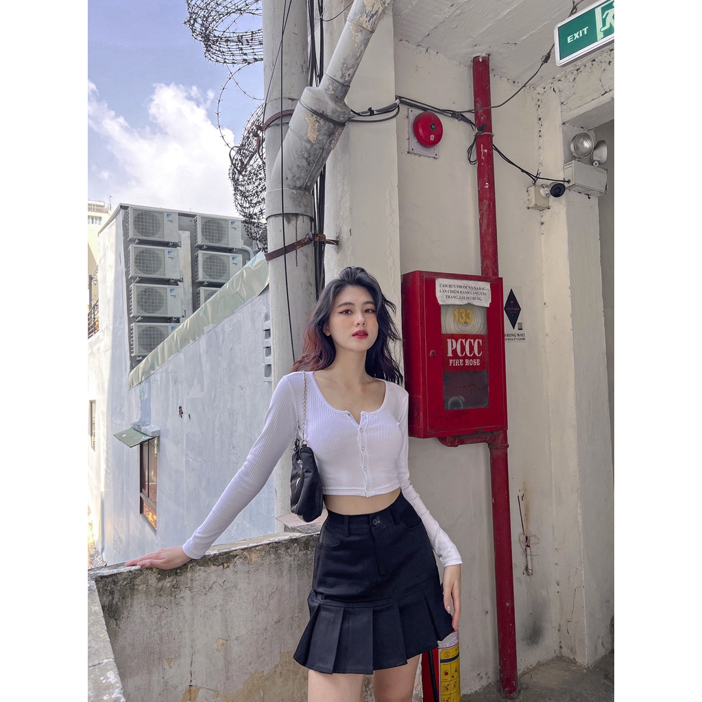 Chân váy HHVINTAGE, xếp ly, kiểu xòe chất kaki co giãn Skirt P05