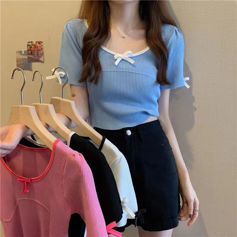 Áo Thun Dệt Kim Tay Ngắn Đính Nơ Xinh Xắn Cho Nữ 164541 Áo Croptop Dáng Ôm Thiết Kế Đơn Giản Hợp Thời Trang