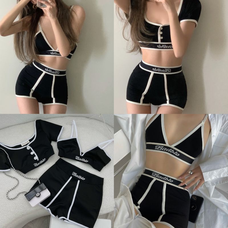 Set 3 món bikini thể thao: Áo croptop đen phối nút viền trắng + Áo 2s sport bra + Quần short ôm gym yoga bikini đi biển