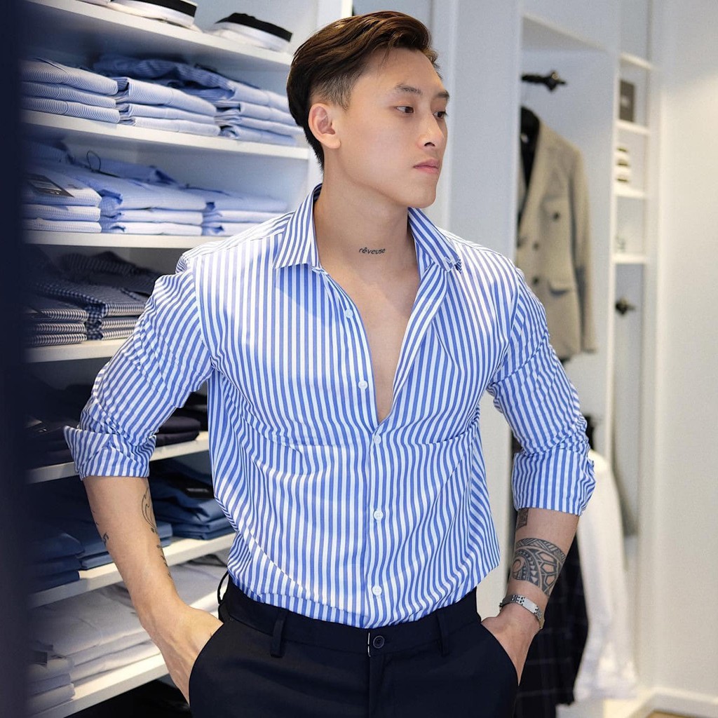 Áo sơ mi nam cotton lụa kẻ lịch lãm - Áo sơ mi nam dài tay