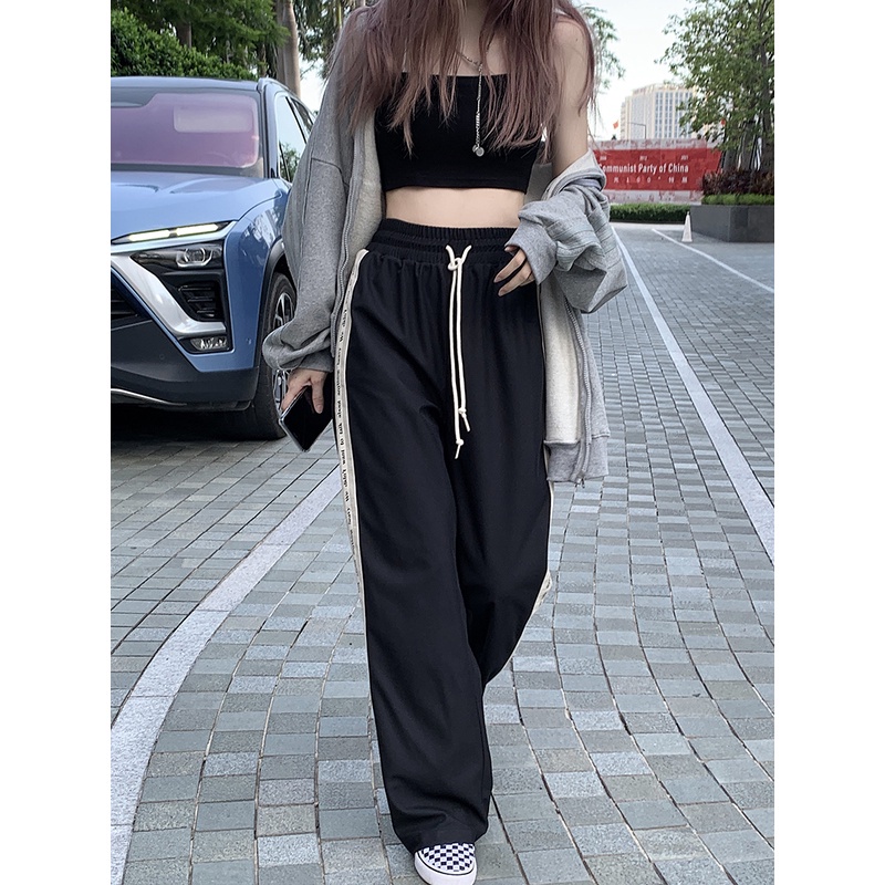 Quần thể thao ống rộng lưng cao phối dây rút phong cách Hàn Quốc cổ điển thời trang cho nữ 2 màu tùy chọn