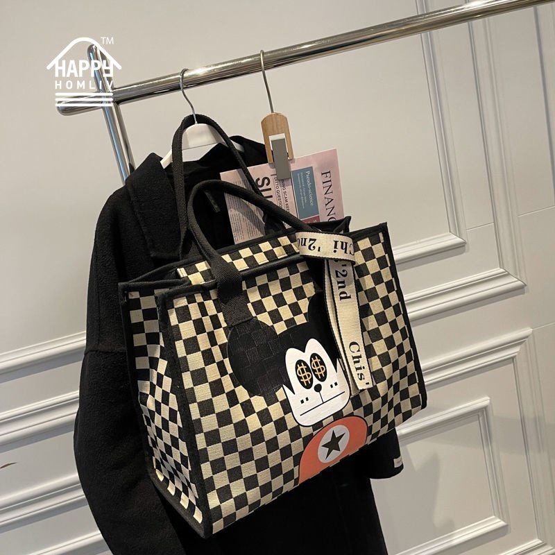 HAPPY HOMLIV Túi Tote Canvas Sức Chứa Lớn 17-Inch Đựng Máy Tính Xách Tay 2022 Họa Tiết Kẻ Sọc Phong Cách Retro Mới Cho Nữ