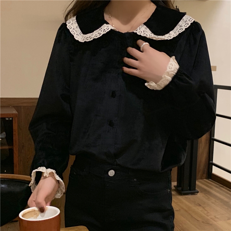 SUXI Áo sơ-mi tay dài phối ren vintage xinh xắn trẻ trung cho nữ