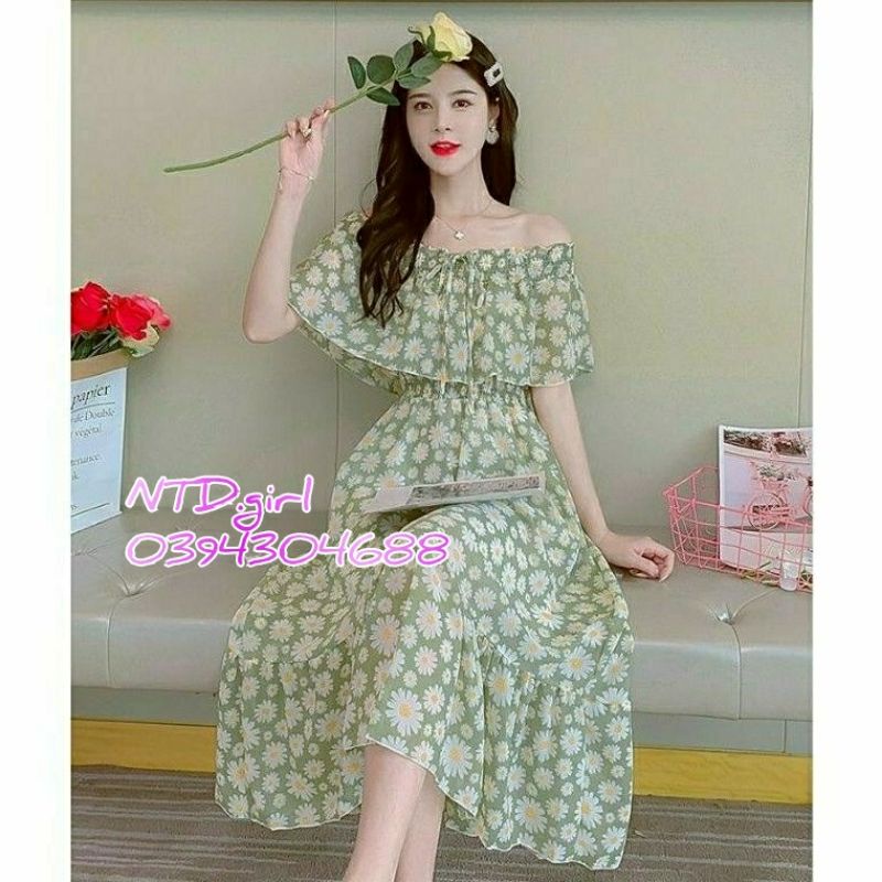 Hàng nhập - Đầm dáng xòe trễ vai hoa cúc nhí, váy maxi đuôi cá bẹt vai dáng tiểu thư