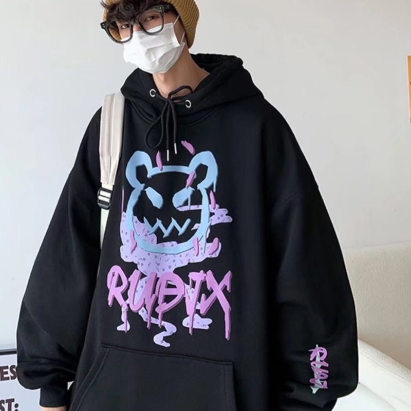Xiangbao Áo Hoodie Dây Rút Tay Dài In Hình Gấu Ác Quỷ Harajuku Mùa Thu Cỡ Lớn Cho Nam