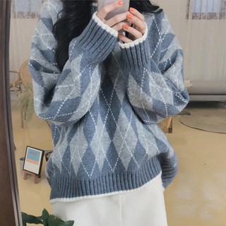 (ORDER) Áo len nữ dệt kim họa tiết kẻ sọc ô kim cương style MORAN  vintage Hàn Quốc
