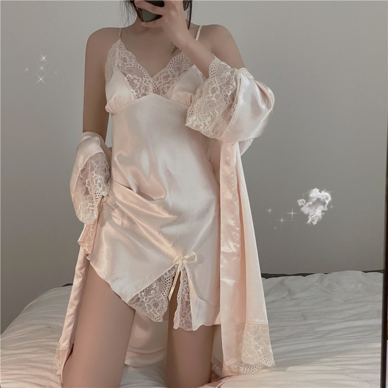 {Nightgown} Bộ Đồ Ngủ Vải Lụa Băng Mỏng Phối Ren Quyến Rũ Phong Cách Năm 2021 + Áo Choàng Ngoài UTtG * - && & & - & - & & | BigBuy360 - bigbuy360.vn