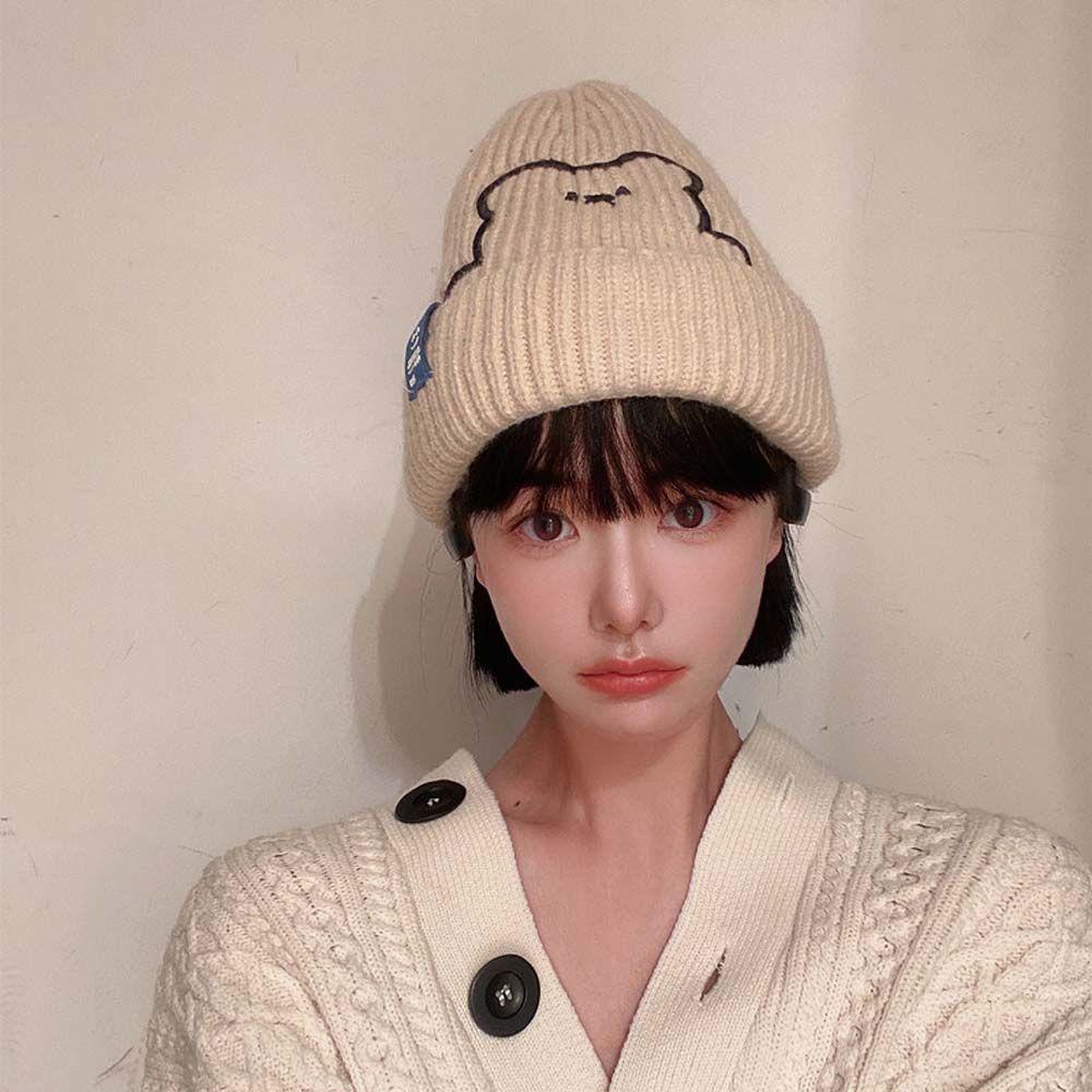 Mũ Beanie Dệt Kim Thêu Hình Gấu Dễ Thương Cho Nữ