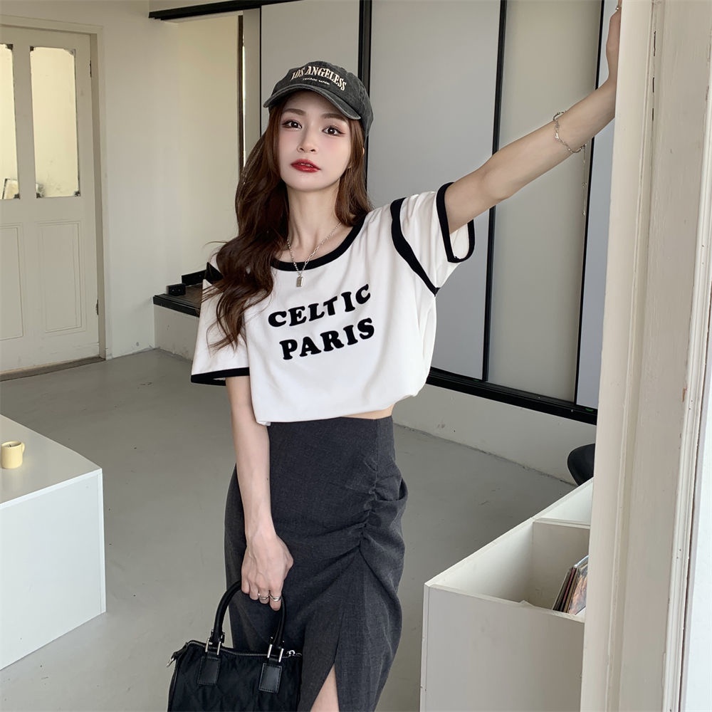 Bộ Áo Thun Ngắn Tay Ghép Màu Phối Chân Váy Dài Trung Bình Thời Trang Mùa Hè Cho Nữ