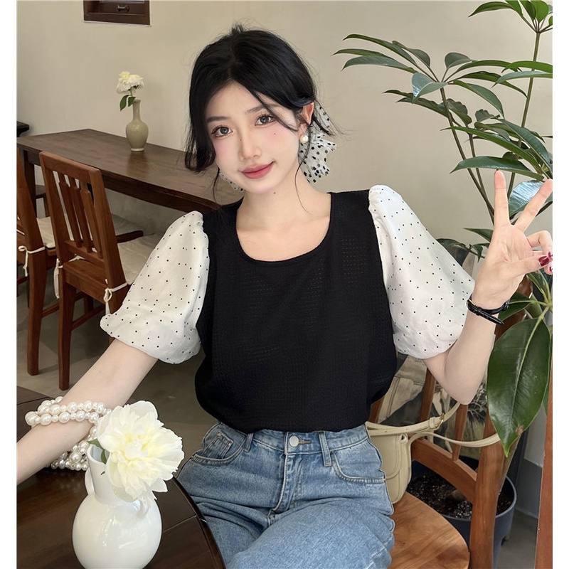 Áo Thun Tay Ngắn Cổ Tròn Họa Tiết Chấm Bi Thời Trang Dành Cho Nữ