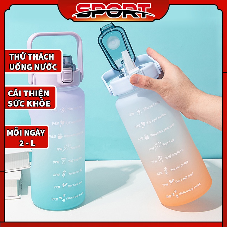 Bình nước thể thao tập gym, bình nước 2l có vạch chia nhắc nhở uống nước