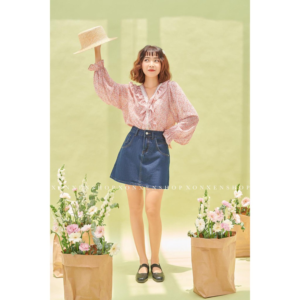 Áo kiểu hoa nhí viền ren chất vải voan nhẹ nhàng Xonxen shop free size mã 9033