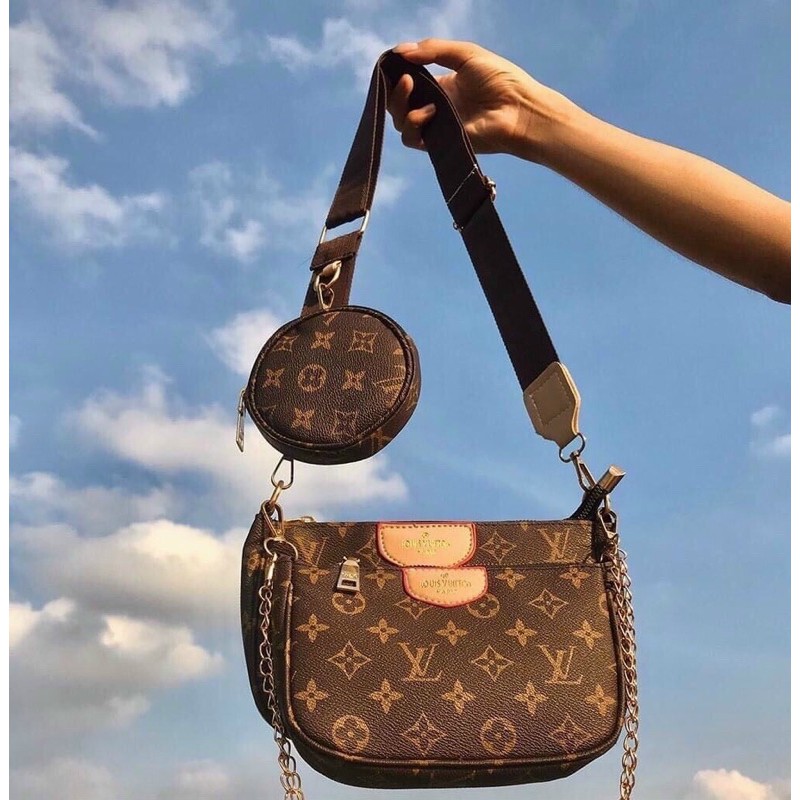 set túi L.V quai nâu 3 chi tiết( 2 vuông 1 tròn)