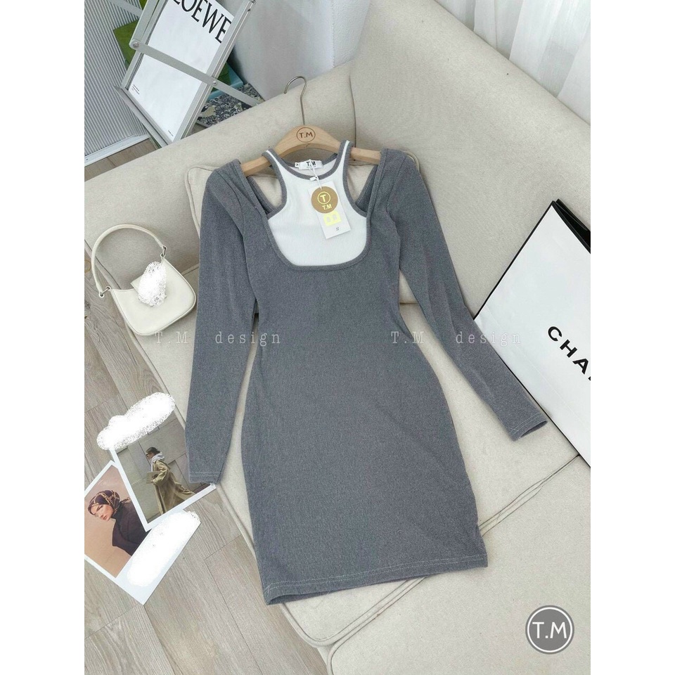 đầm gân body kiểu xẻ vai tay dài hot