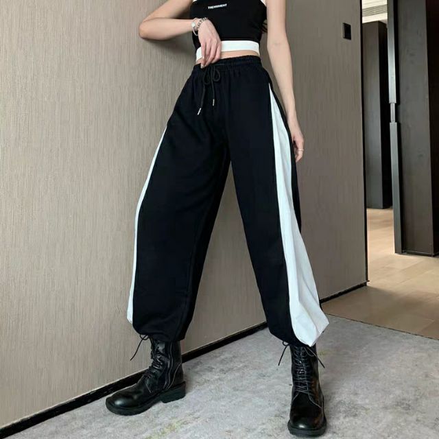 Quần jogger suông ống rộng phối đen line trắng hiphop dance, gym unisex