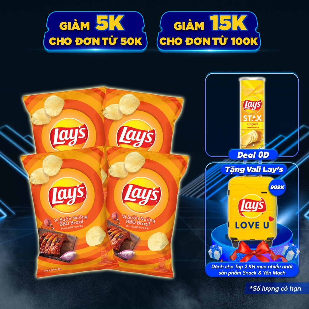 Combo 4 Snack Khoai Tây Lay's vị Sườn Nướng BBQ Brazil 95g/gói