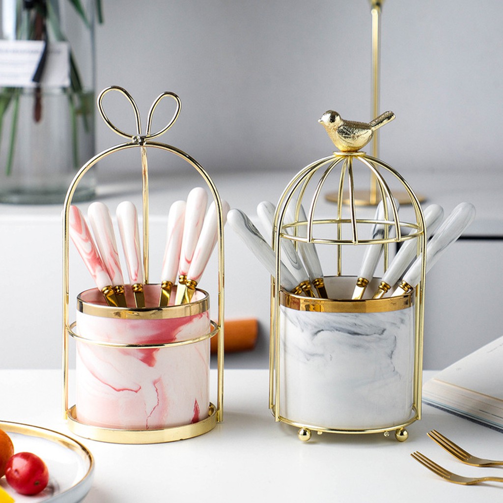 Ống cắm thìa dĩa bằng sứ có khung thép mạ vàng