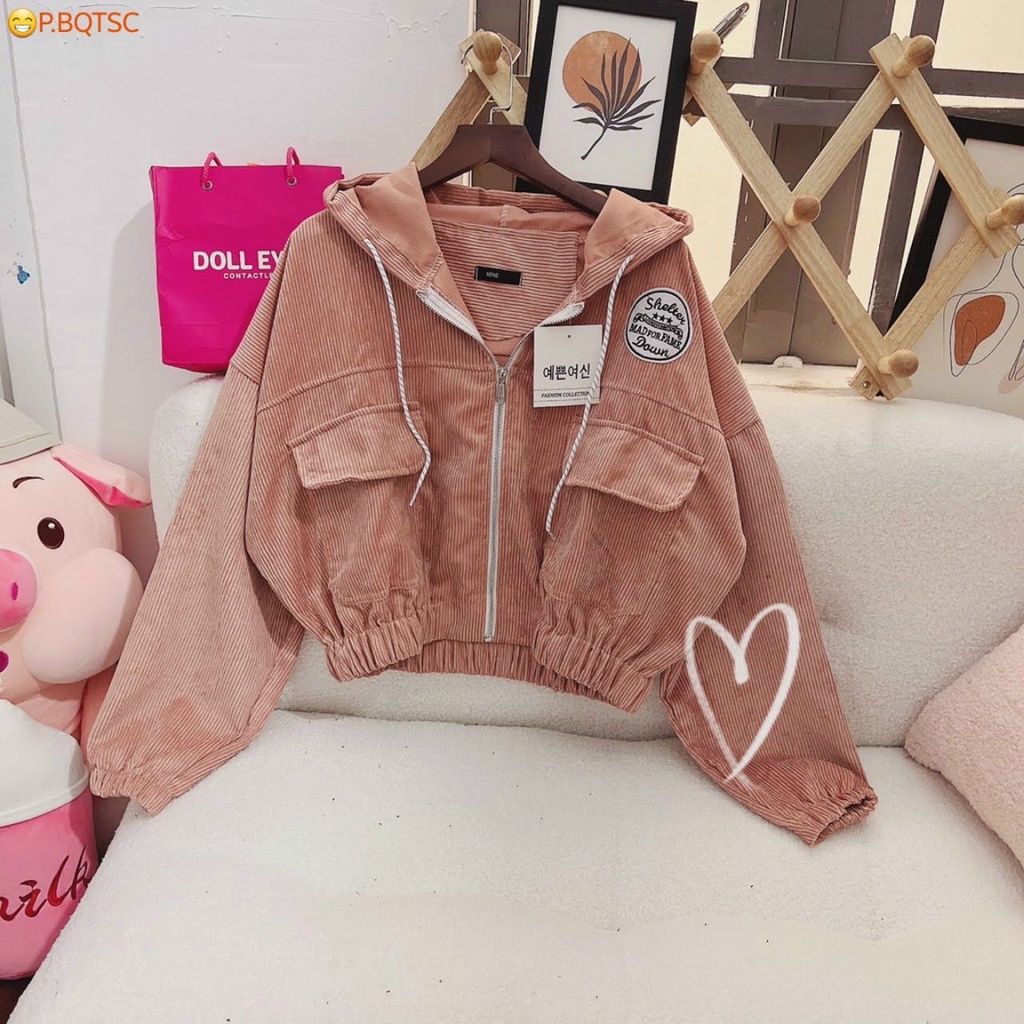 Áo khoác nhung nữ thêu chữ trước sau GDDG 1 lớp croptop